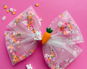 Easter Bunny Hair bow, Tulle and Confetti Shaker Hair Bow, headband or hair clip