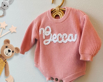 Baby Bodysuit Custom Sweater Hand Embroidered Name Personalized baby Knitted Romper for Babies, 100% Cotton, baby girl gift