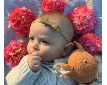 Baby Headband, Gold Baby bow, sparkly gold bow, nylon headband or hair clip