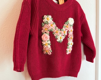 Personalized Sweater with Hand Embroidered Floral Initial Letter for Baby to Toddler, 100% Cotton, baby gifts milestones