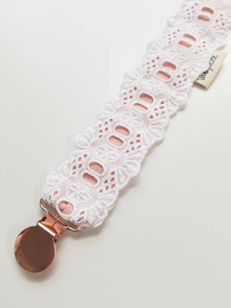 Lace Pacifier Clip, Rose gold clip, baby pacifier clips, white and blush, Vanaguelite, baby