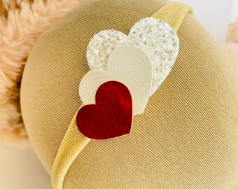 Baby Valentine's headband, Baby 3 Hearts Headband, Heart Headband, Red abd glitter white hearts, newborn headbands