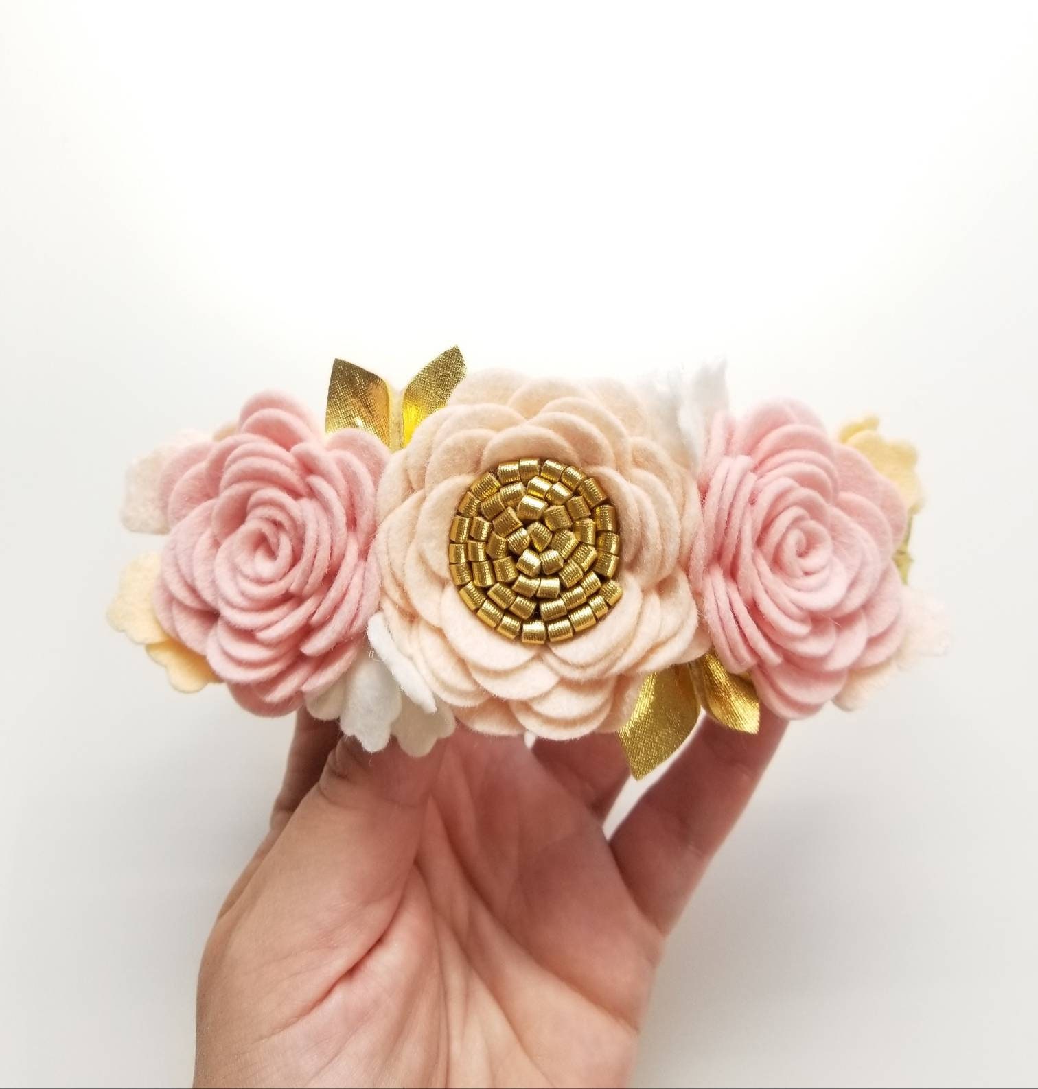 Flower Crown Blush and gold Floral Headband felt flowers Etsy