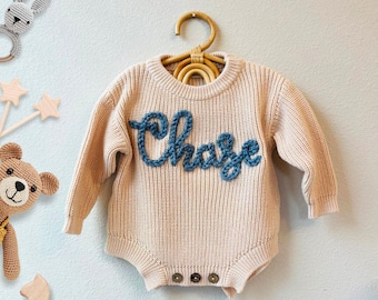 Customized Baby Bodysuit Sweater Hand Embroidered Name Personalized baby Knitted Romper, 100% Cotton, Gifts for newborn
