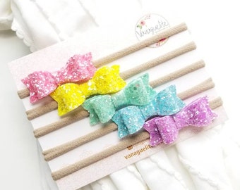 Rainbow Baby Bows & Headbands Set of 5 | Sparkly 2-Inch Bows on Nylon Hair bands| Vanaguelite
