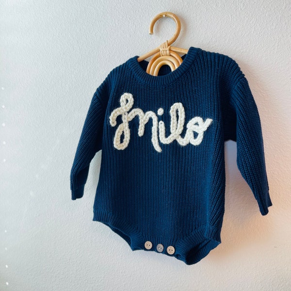 Baby Bodysuit Custom Sweater, Hand Embroidered Name Personalized baby onesis, Knit Romper for Babies, 100% Cotton