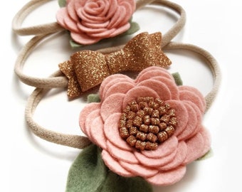 Baby headbands, Blush and rose gold, Mini Flowers and Bow, Floral headband, vanaguelite, baby bows