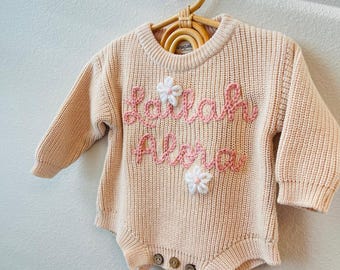 Baby Bodysuit Custom Sweater Hand Embroidered 2 Names Personalized baby Knitted Romper for Babies, 100% Cotton, new baby gift
