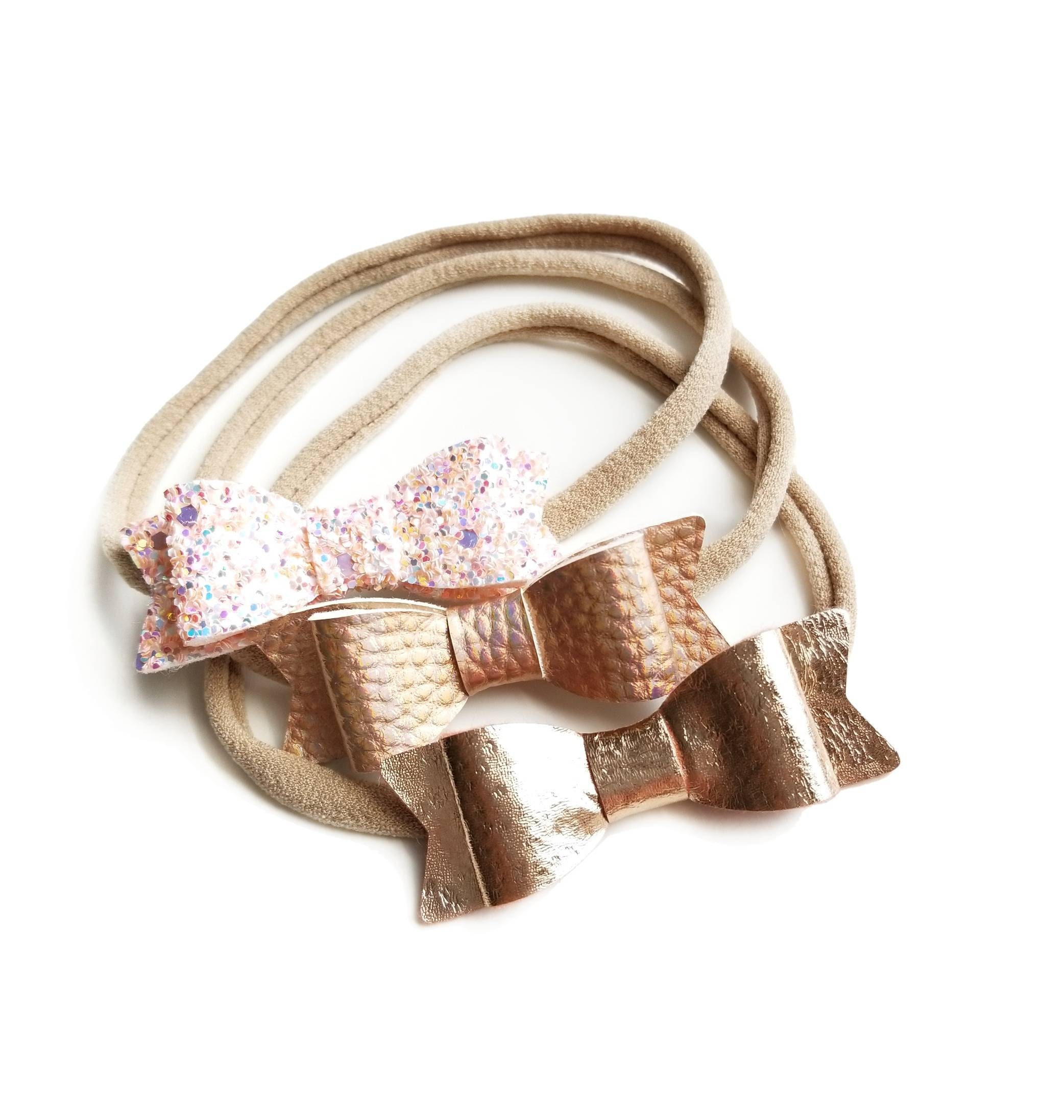 Baby bows, Rose gold Leather Mini Bows, set of 3 Handmade, Baby