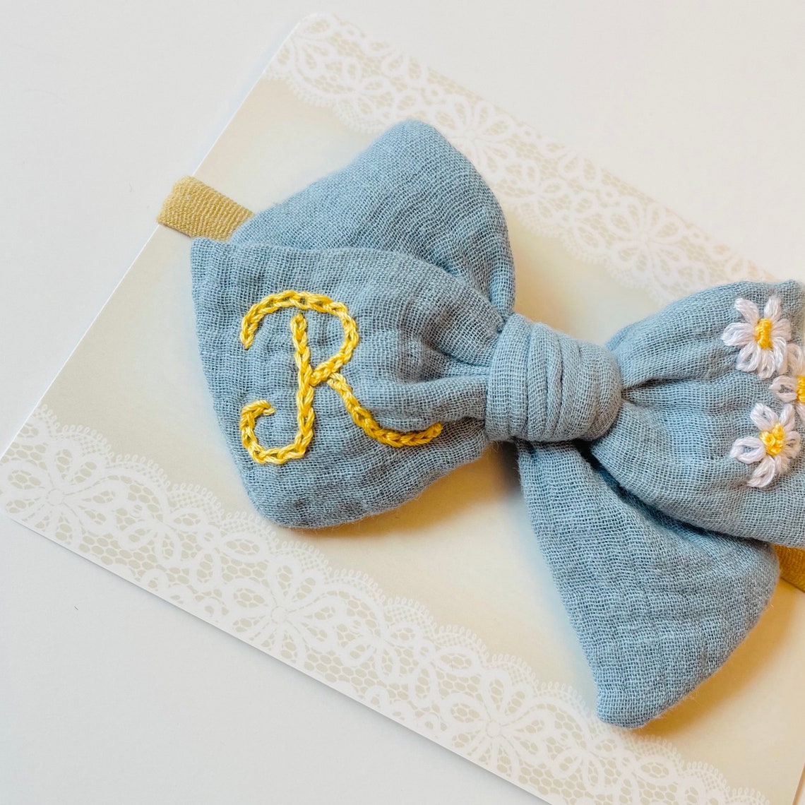 Personalized Baby Bows, Custom Hand-embroidered Initial Letter, Gauze ...