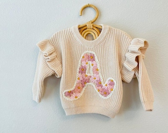 Personalized Sweater with Hand Embroidered Floral Initial Letter for Baby to Toddler, 100% Cotton, baby gifts milestones