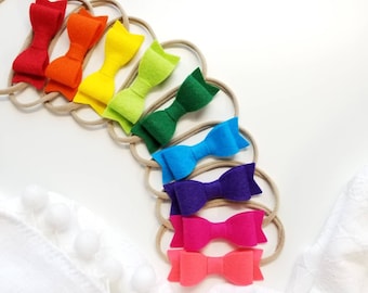Baby Girl Rainbow Bow Headbands 3in | Soft Nylon Baby Bows | Hot Rainbow Colors Gift Set | Handmade in USA