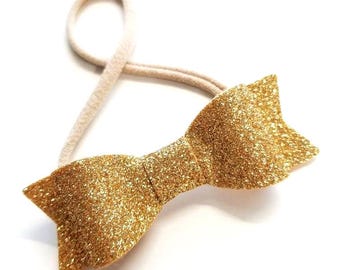 Baby Headband Gold Sparkly Bow | Newborn Nylon Hair Band | Infant Girl Hair Accessories | Baby Shower Gift