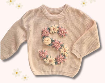 Personalized Sweater with Hand Embroidered Floral Initial Letter for Baby to Toddler, 100% Cotton, baby gifts milestones