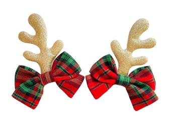 Reindeer Antlers hair clips, Christmas toddler plaid Bows, Reindeer pigtails set, toddler girl hair clips