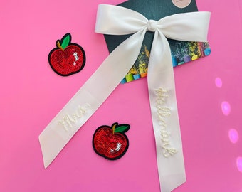 Teachers hair Bows, hand embroidered name for Girls and adults, Satin ribbon long tails hair bow