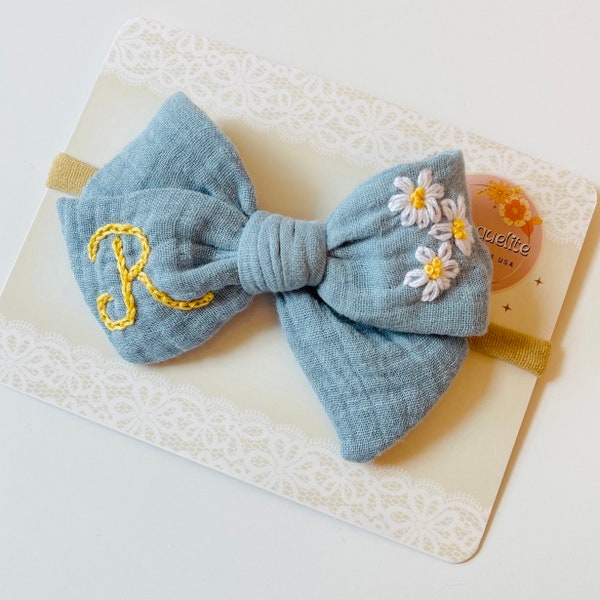 Personalized Baby Bows, custom hand embroidered Initial letter, Gauze muslin bows for toddlers, organic cotton hair bows.