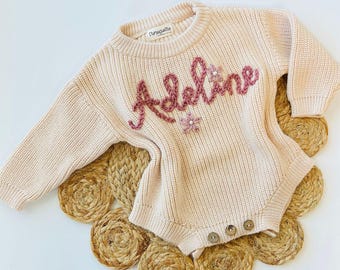 Baby Bodysuit Custom Sweater Hand Embroidered Name, design with flowers, Personalized baby Knitted Romper for Babies, 100% Cotton