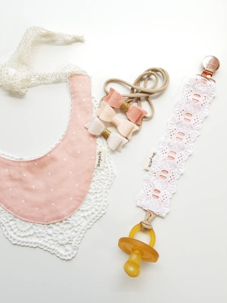 Lace Pacifier Clip, Rose gold clip, baby pacifier clips, white and blush, Vanaguelite, baby