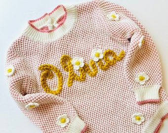 Baby girl Personalized Bodysuit, custom Hand Embroidered Name, Personalized Baby girl gift, daisies knitted long sleeves