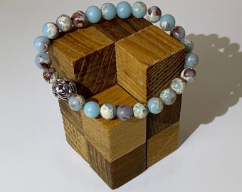 Natural Sea Foam Jasper in Matrix 8mm  Bracelet with Sterling Silver Accent