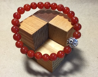 Genuine Natual 8mm Translucent Orange Carnelian Bead Bracelet with Bali-silver Accent