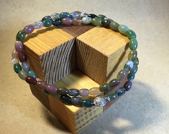 Natural Indian Agate 4x6mm Double Wrap Bracelet with Sterling Silver Accent