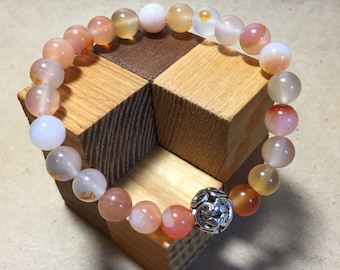 Genuine Natual 8mm Variegated Orange Carnelian Bead Bracelet with Bali-silver Accent