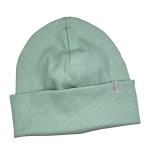 Può includere: Un berretto a maglia a coste verde menta con bordo ripiegato. Una piccola etichetta rettangolare con testo è cucita sull'orlo. Il cappello è realizzato in un materiale morbido ed elastico. Un accessorio elegante per il freddo.