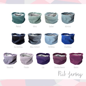 May include: A range of colours of ribbed knit fabric neck warmers. The colours are petrol, mint, sage, light green, dark blue, blue with white flecks, light blue, royal blue, dusty purple, lilac, purple, dark burgundy, and burgundy.