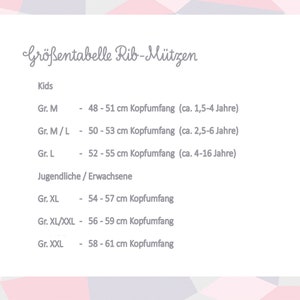 Puede incluir: Tabla de tallas para gorros de punto de canal&eacute; en alem&aacute;n. La tabla enumera las tallas para ni&ntilde;os y adultos, con las medidas de circunferencia de la cabeza correspondientes en cent&iacute;metros y las edades aproximadas.