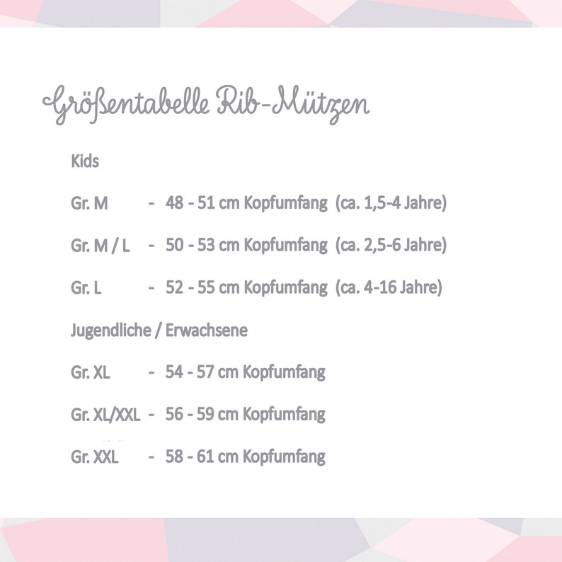 Puede incluir: Tabla de tallas para gorros de punto de canal&eacute; en alem&aacute;n. La tabla enumera las tallas para ni&ntilde;os y adultos, con las medidas de circunferencia de la cabeza correspondientes en cent&iacute;metros y las edades aproximadas.