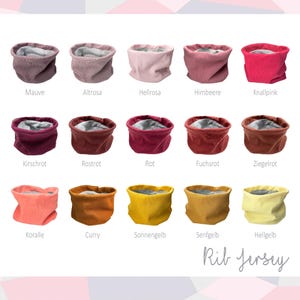 May include: A colour chart of 15 different coloured neck warmers. The colours are mauve, altrosa, hellrosa, himbeere, knallpink, kirschrot, rostrot, rot, fuchsrot, ziegelrot, koralle, curry, sonnengelb, senfgelb, and hellgelb. The text "Rib Jersey" is at the bottom of the chart.