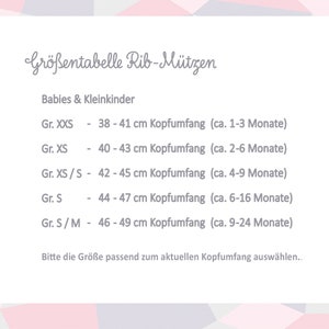 Puede incluir: Tabla de tallas para gorros de punto de canal&eacute; para beb&eacute;s. La tabla muestra las tallas de gorros en XXS, XS, XS/S, S y S/M, con las medidas de circunferencia de la cabeza correspondientes en cent&iacute;metros y los rangos de edad aproximados en meses.