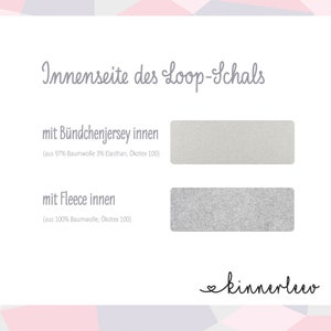 May include: A white and grey fabric swatch with the text "Innenseite des Loop-Schals" and "mit B&uuml;ndchenjersey innen (aus 97% Baumwolle 3% Elasthan, &Ouml;kotex 100)" and "mit Fleece innen (aus 100% Baumwolle, &Ouml;kotex 100)". The text "kinnerlew" is at the bottom of the image.