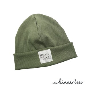 Puede incluir: Un gorro de punto verde con un parche blanco que muestra una ilustraci&oacute;n en blanco y negro de un dinosaurio.