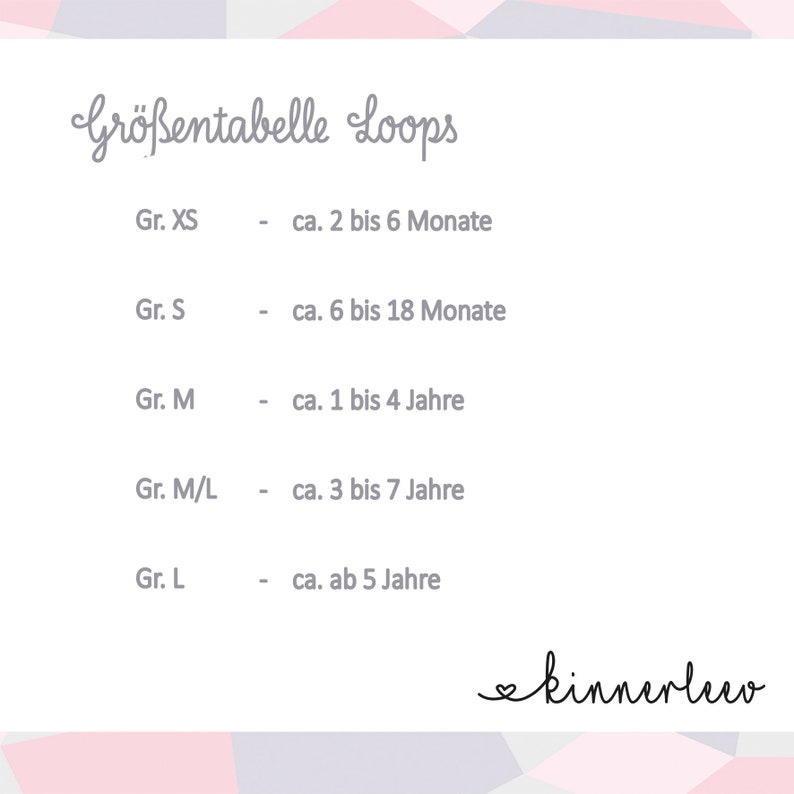 May include: Size chart for Loops, a clothing brand, showing sizes XS through L with corresponding age ranges in months and years. The chart is printed on a white background with a pink and grey geometric pattern.