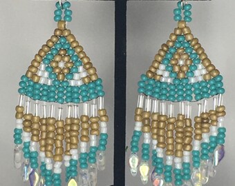 Turquoise/Brown/White Beaded Earrings with Fringe
