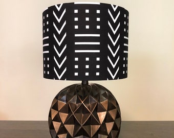 African print drum lampshade, cylindrical lampshade, Mudcloth print lampshade, Accent lampshade, boho home decor, bedside lamp, handmade