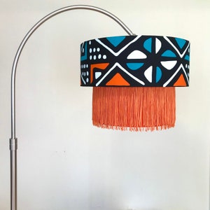 Tiered lampshade, 2 tier lampshade, African lampshade, mudcloth print lampshade, hanging lampshade, colorful lampshade, fringe lampshade