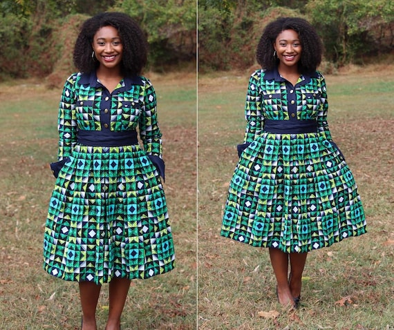 Ankara African Pleated Shirt Dress Plaid Dress Nautical Dress African Dress for Church Long Sleeve African Dress for Office Etsy UK