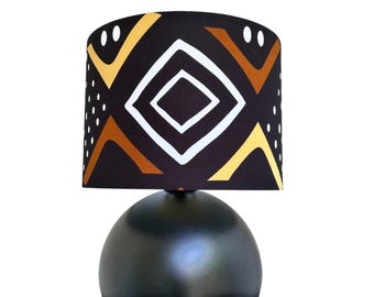 African Ankara Print Lampshade, Handmade Geometric Drum Lampshade, Modern Black Table Lamp Shade, Tribal Home Decor , Statement Lighting