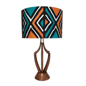 African print teal spice color drum lampshade, tribal mudcloth print handmade custom made to order lampshade, for table floor lamp