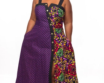 Afrikanisches Ankara-Druckkleid Afrikanisches Hochzeitsgastkleid Goldknöpfe Kleid Maxi-Mixed-Print-Kleid Afrikanische Kleider für Frauen Designerkleid