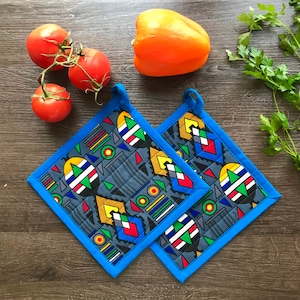 African pot holder, African hot pads, quilted potholder, colorful pot holder, boho pot holder, square pot holders, large pot holder