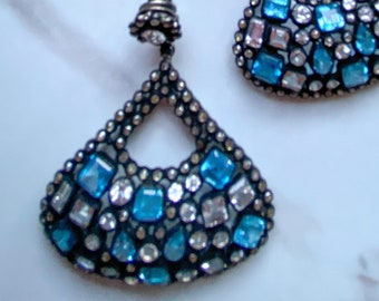 Blue & White Topaz with Pave diamond Chandelier Earrings in Antiqued Silver