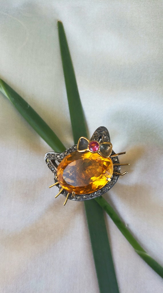 Citrine Kitty Polki Diamond Ring with Ruby Accent… - image 4
