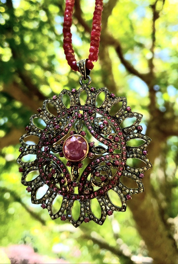 Handmade Ruby Medallion Pendant: Vintage Inspired… - image 8