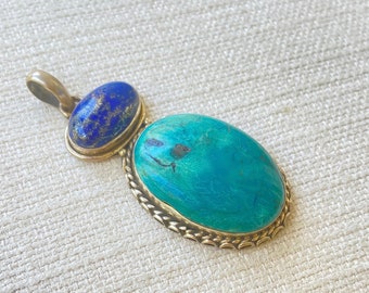 Handmade Turquoise Lapis Lazuli Pendant: Boho 925 Silver Jewelry