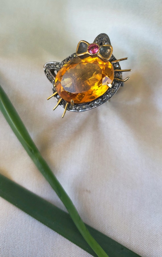Citrine Kitty Polki Diamond Ring with Ruby Accent… - image 5